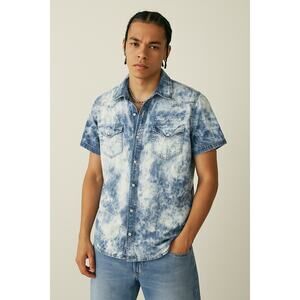 True Religion Acid Wash Denim Shirt XL Blue White Snap Front